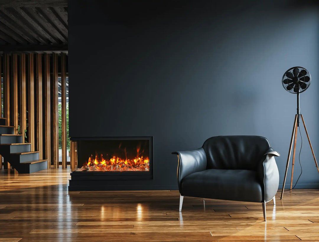 Remii BAY-SLIM 3 Sided Electric Fireplace, 10-piece log set, charcoal grey fire glass, vermiculite, and black fire glass included, multi-color flame options with LED light strips, remote control for customization.