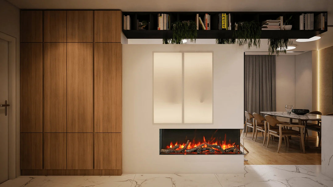 Remii BAY-SLIM 3 Sided Electric Fireplace: slim corner fireplace with vibrant, multi-colored flame presentation and ambient canopy lighting in 13 colors for customizable ambiance.