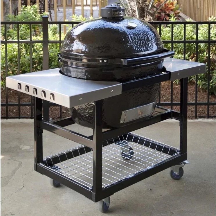 Primo Oval Junior 200 Ceramic Kamado Grill On Steel Cart With Side Tables And Stainless Steel Grates - PGCJRH