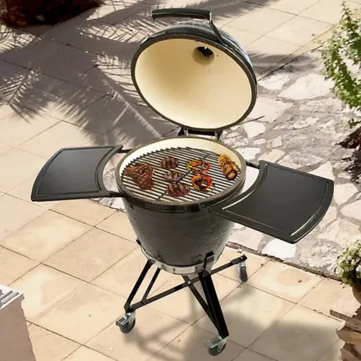 Primo All-In-One Round Ceramic Kamado Grill With Cradle & Side Shelves - PGCRC