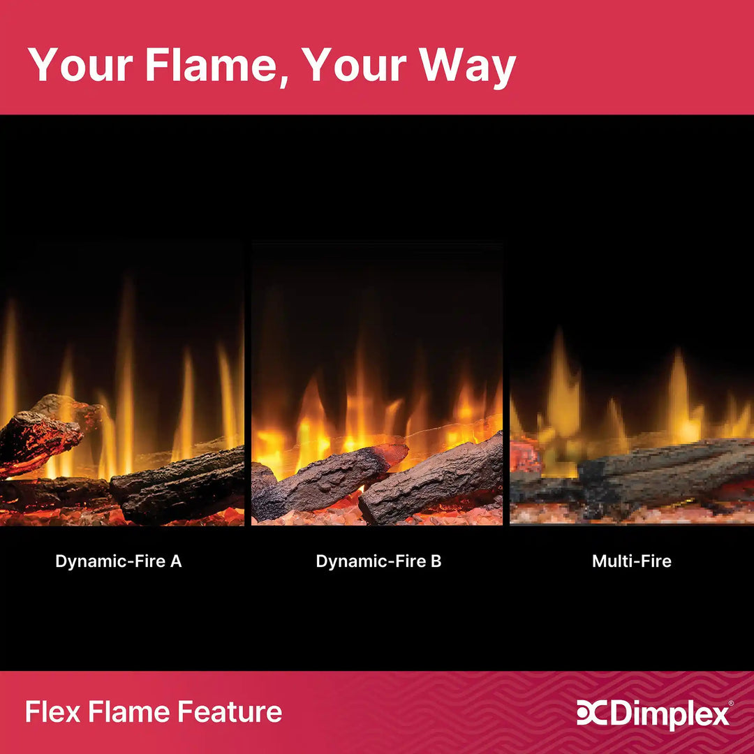 Dimplex Ignite Ultra 50"-100" Built-In Linear Electric Fireplace features Flex-Flame technology with Dynamic-Fire and Multi-Fire effects, inner glow logs, three natural flame colors, and authentic crackling fire sounds.