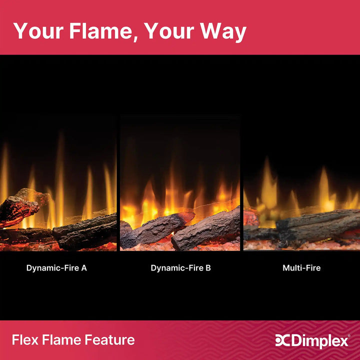 Dimplex Ignite Ultra 50"-100" Built-In Linear Electric Fireplace features Flex-Flame technology with Dynamic-Fire and Multi-Fire effects, inner glow logs, three natural flame colors, and authentic crackling fire sounds.