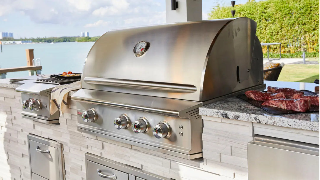Blaze Professional 34" LUX 2-Burner Built-In Grill featuring two commercial-grade 304 cast stainless steel burners delivering 18,000 BTUs each, a rear infrared rotisserie burner, and heavy-duty cooking rods for exceptional grilling performance.