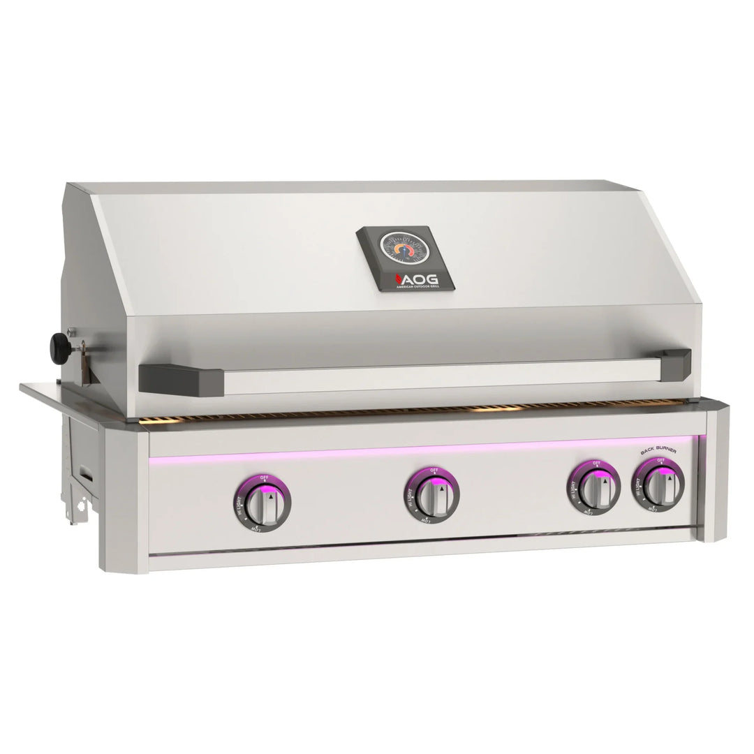 The 2026 American Outdoor Grill 36" L-Series Built-In Grill features a bold Gun Metal finish, multi-color LED light bar, and interior halogen lights for evening entertainment.
