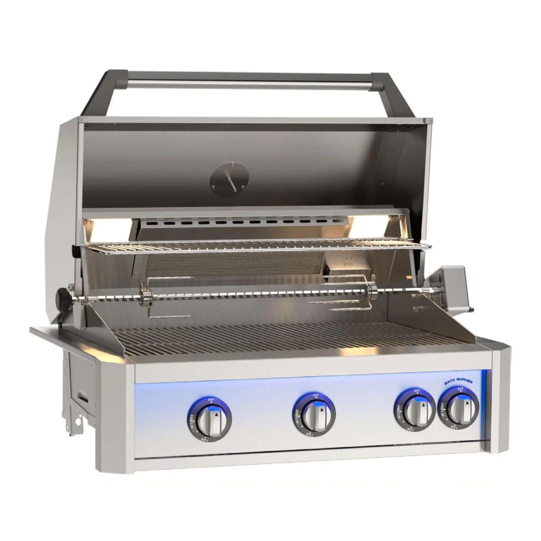 The American Outdoor Grill 36" L-Series Portable Grill features a premium stainless steel cart with fold-down shelves, double access doors, and external multi-color LED light bar for evening entertainment.