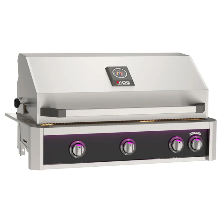 The American Outdoor Grill 36" L-Series Built-In Grill features an expansive 648 sq. inch primary cooking surface powered by 50,000 BTU heavy-duty 304 Stainless Steel Tubular Burners and includes exterior LED light bar, interior halogen lights, and a striking Gun Metal finish throughout.