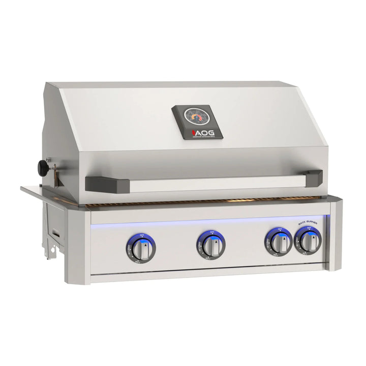 The 2026 American Outdoor Grill 30" L-Series Built-In Grill features a Gun Metal finish, multi-color LED light bar, and diamond-sear cooking grids for optimal heat transfer and searing capabilities.