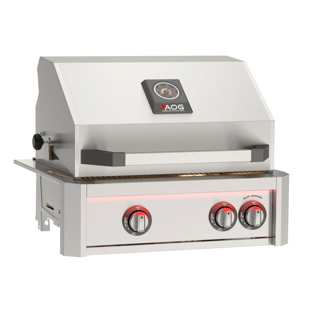 The 2026 American Outdoor Grill 24" L-Series Built-In Grill features an external multi-color LED light bar, interior halogen lights, and a striking Gun Metal finish, offering elevated control and versatile cooking options in compact outdoor kitchens with a 432 sq. inch primary cooking surface and 32,000 BTU heavy-duty burners.