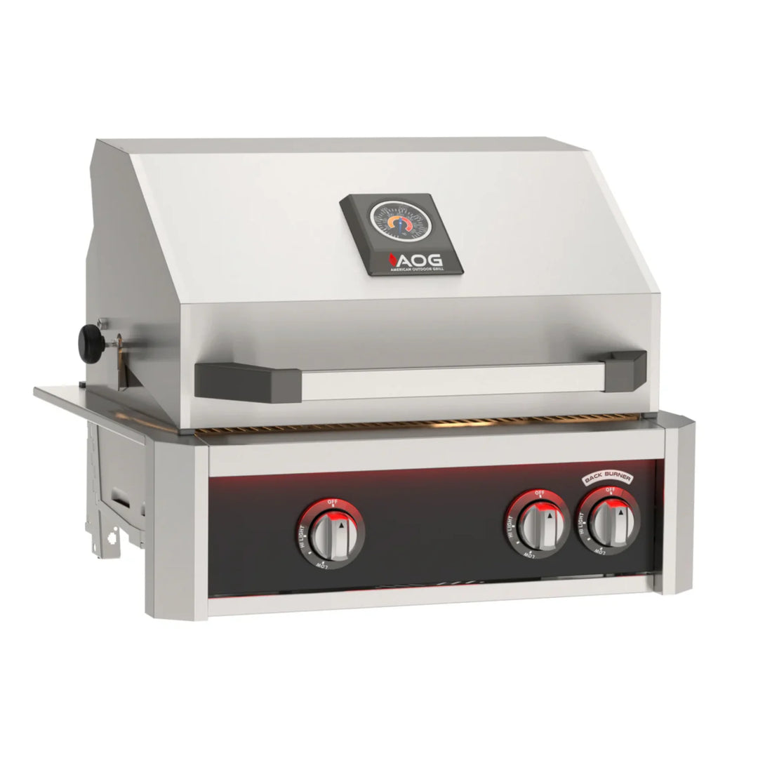 2026 American Outdoor Grill 24-inch L-Series Built-In Grill features a Gun Metal finish, multi-color LED light bar, interior halogen lights, and diamond-sear cooking grids for elevated outdoor cooking control.