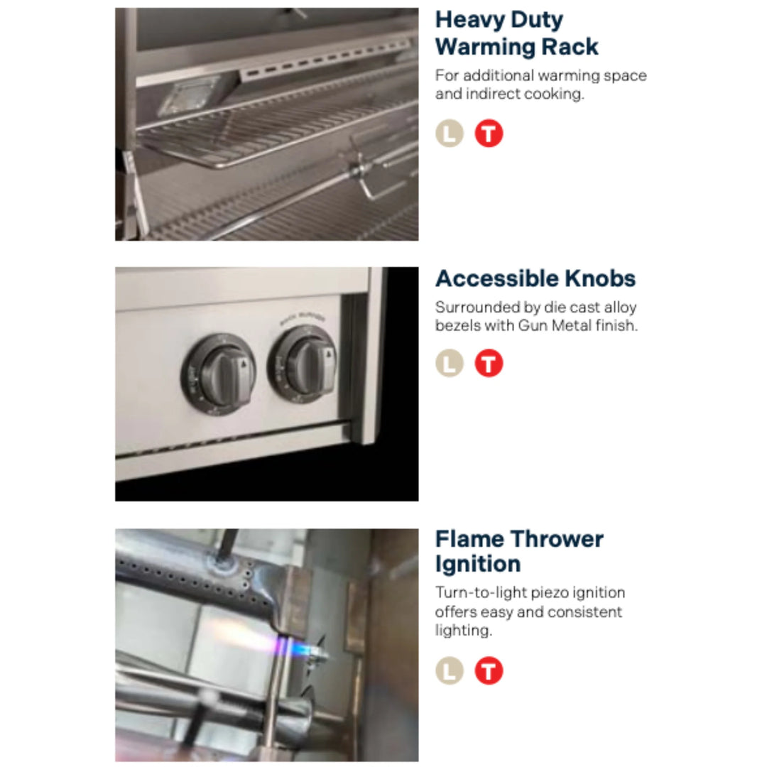 The 2026 American Outdoor Grill 24" T-Series Built-In Grill features a Flame Thrower ignition system for analog performance in any setting, 432 sq. inch primary cooking surface, and diamond-shaped cooking grids with even heat transfer.