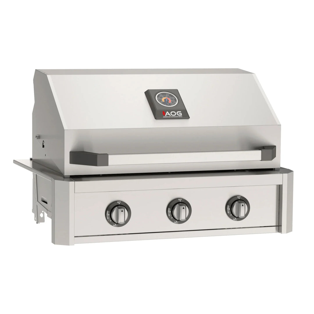The 2026 American Outdoor Grill 30" T-Series Built-In Grill features a sleek analog design with Flame Thrower ignition, a generous 540 sq. inch cooking surface, and die-cast alloy bezels in a striking Gun Metal finish.