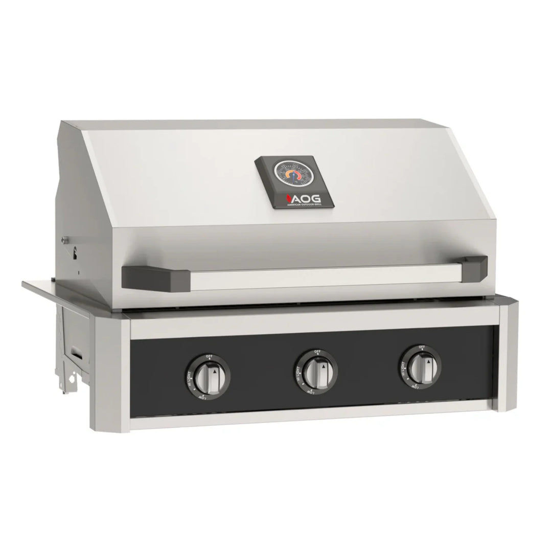 The 2026 American Outdoor Grill 30" T-Series Built-In Grill features a striking Gun Metal finish, analog Flame Thrower Ignition System, and 540 sq. inch primary cooking surface powered by heavy-duty 304 Stainless Steel Tubular Burners delivering 45,000 BTUs of primary cooking power.