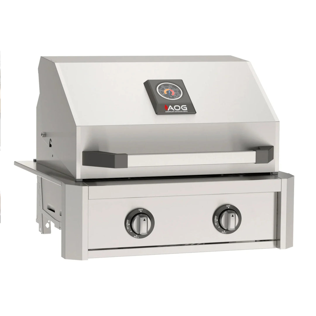 The American Outdoor Grill 24" T-Series Built-In Grill features a refined analog design with Flame Thrower ignition, a 432 sq. inch cooking surface, and diamond-seared grills for optimal heat transfer and precise control in compact outdoor spaces.