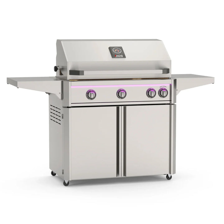 The 2026 American Outdoor Grill 36" L-Series Portable Grill features a premium stainless steel cart with fold-down shelves and storage, showcasing a massive 648 sq. inch primary cooking surface, powered by 50,000 BTU tubular burners, and comes equipped with interior halogen lights, an external LED light bar, rotisserie kit, and diamond sear cooking grids.