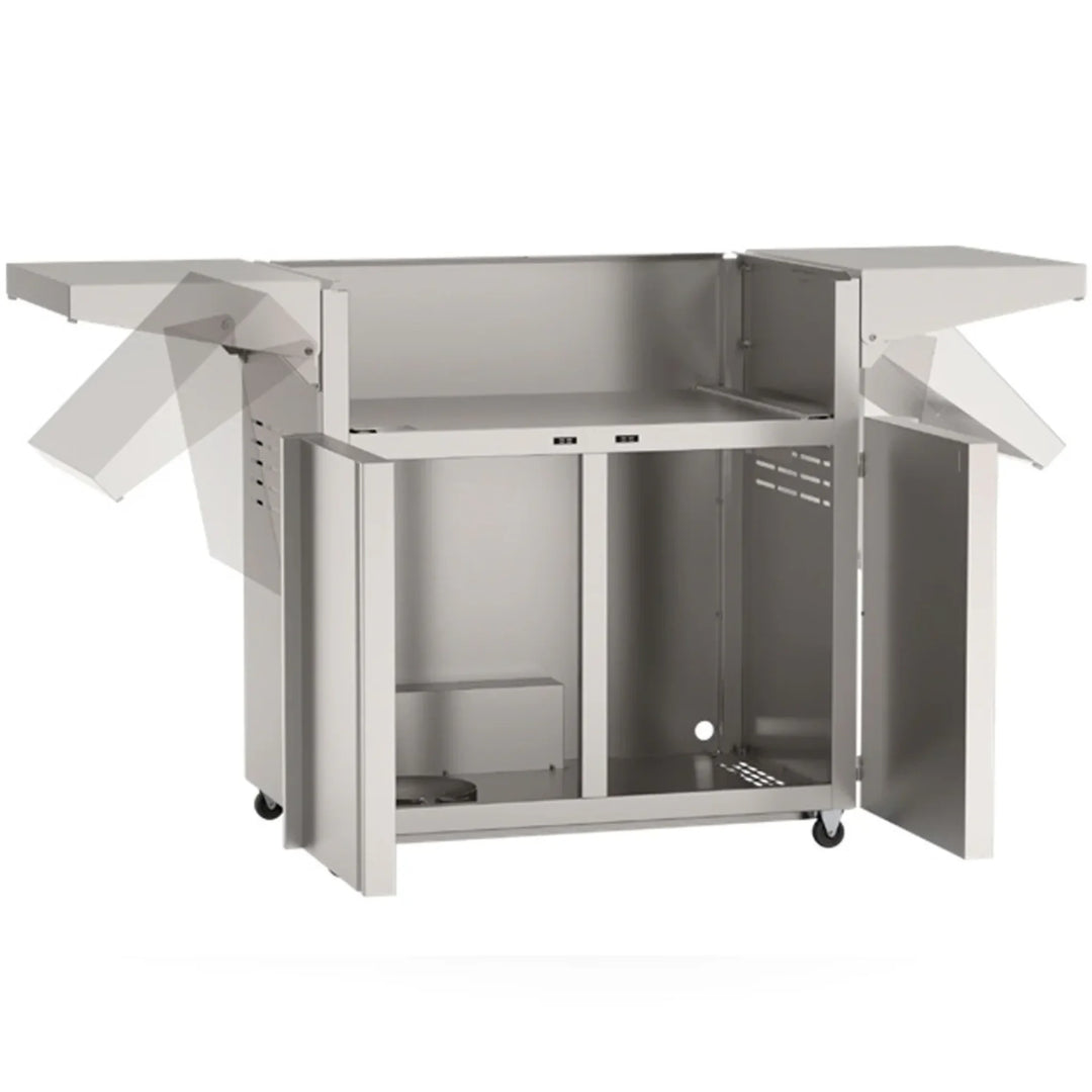 The American Outdoor Grill 30" T-Series Portable Grill features a premium stainless steel cart with fold-down shelves, dedicated storage, and a Flame Thrower piezo ignition system for analog performance in any setting.