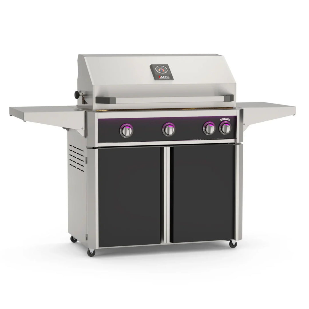 The 2026 American Outdoor Grill 36" L-Series Portable Grill features a premium stainless steel cart with fold-down shelves and storage, along with an external multi-color LED light bar, interior halogen lights, and a striking Gun Metal finish.