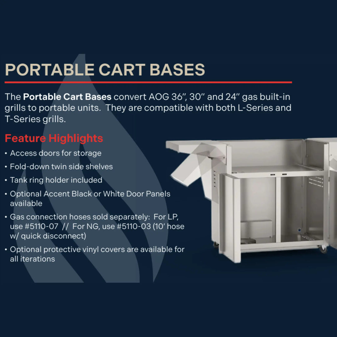 The 2026 American Outdoor Grill 30" T-Series Portable Grill features a premium stainless steel cart with fold-down shelves, dedicated storage, and a Flame Thrower ignition system for analog operation.