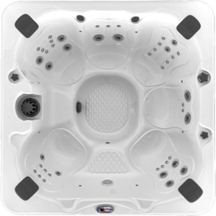 American Spas 6-Person Bench Spa features 45 exclusive Halo Stainless Steel Jets for targeted hydrotherapy massage, ergonomic bench seating, Bluetooth stereo system, multi-colored LED lighting, and energy-efficient heating systems, perfect for daily relaxation or weekend entertaining in a 425-gallon water capacity spa with Whisper Hot Titanium Heating System.