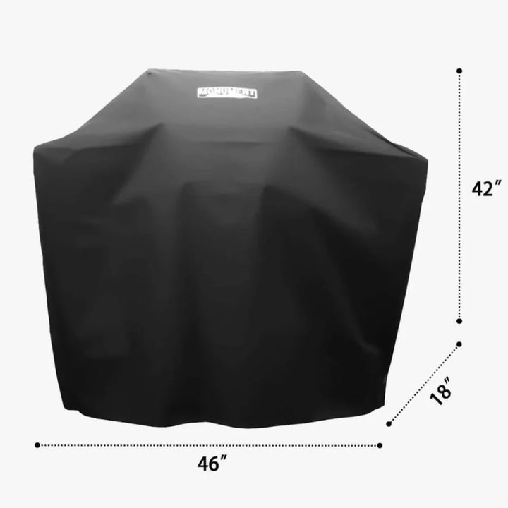 Monument Grills Small 46-Inch Outdoor Grill Cover designed for all Mesa 200 Series grills, made from durable nylon/PVC blend, providing weather-resistant protection against rain, snow, and UV rays with breathable fabric and adjustable Velcro straps.