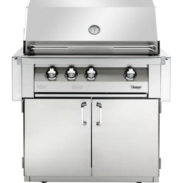Vintage Grills 36' Freestanding Gas Grill features stainless steel construction, integrated smoker burner, infrared rotisserie burner, and three powerful main burners for authentic wood-smoked flavors and intense searing heat.