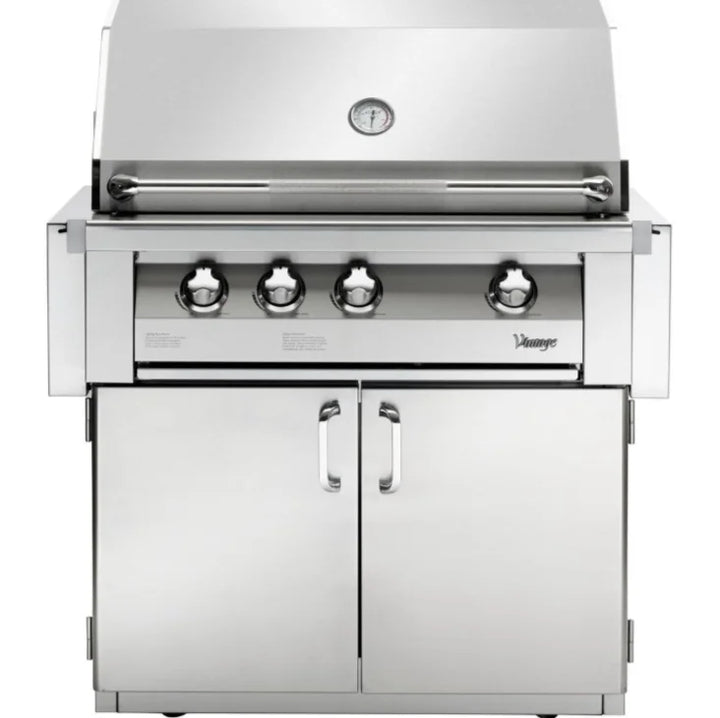 Vintage Grills 36' Freestanding Gas Grill features stainless steel construction, integrated smoker burner, infrared rotisserie burner, and three powerful main burners for authentic wood-smoked flavors and intense searing heat.