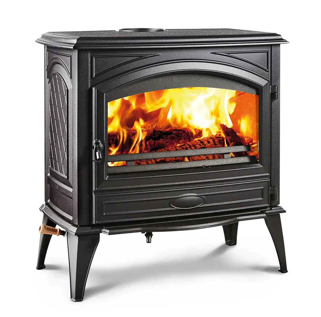 Sierra Flame Lynwood W76 Wood Burning Stove, featuring a cast iron door with a durable black color finish, provides efficient warmth and maximum viewing area for cozy ambiance in any room.