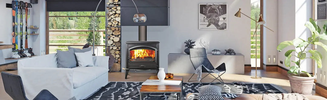 Sierra Flame Lynwood W76 wood-burning stove with cast iron door and black color finish, featuring EPA 2020 certification for efficient heat output up to 57,674 BTU/hr, ideal for spaces up to 2000 ft².