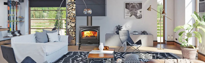 Sierra Flame Lynwood W76 wood-burning stove with cast iron door and black color finish, featuring EPA 2020 certification for efficient heat output up to 57,674 BTU/hr, ideal for spaces up to 2000 ft².