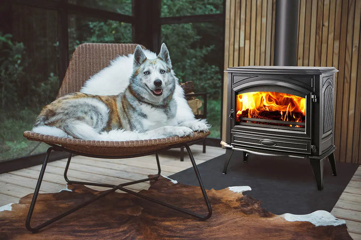Sierra Flame Lynwood W76 wood-burning stove features cast iron door and black color finish, providing efficient heat with low emissions for cozy atmosphere in any room.