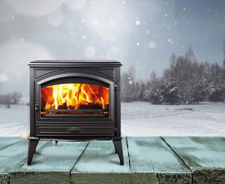 Sierra Flame Lynwood W76 Wood Burning Stove featuring cast iron door and black color finish, EPA 2020 certified for efficient heat and low emissions.