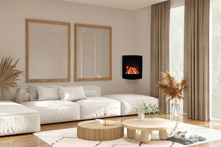 Amantii WM-BI-2428-VLR-BG Smart Electric Fireplace: Compact corner unit with curved design, featuring vibrant, multi-colored flames, ambient canopy lighting, and 10-piece log set.