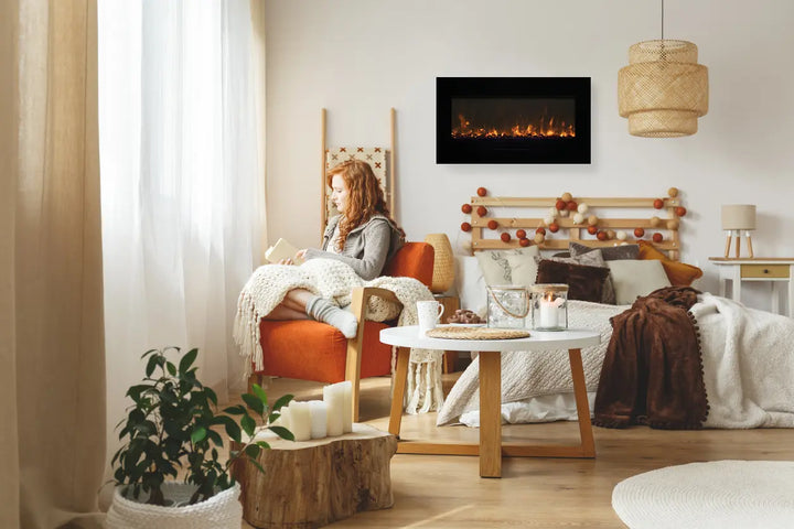 Amantii WM-FM-BG wall mount electric fireplace featuring vibrant, multi-colored flame presentation and 13 colors of surround back-lighting.