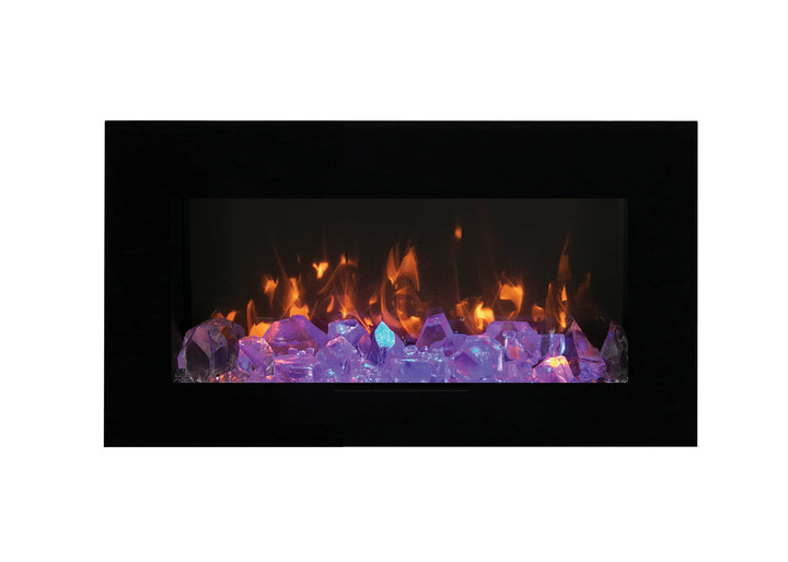 Amantii WM-FM-BG wall mount electric fireplace featuring vibrant, multi-colored flames and 13-color surround back-lighting options for ambiance.