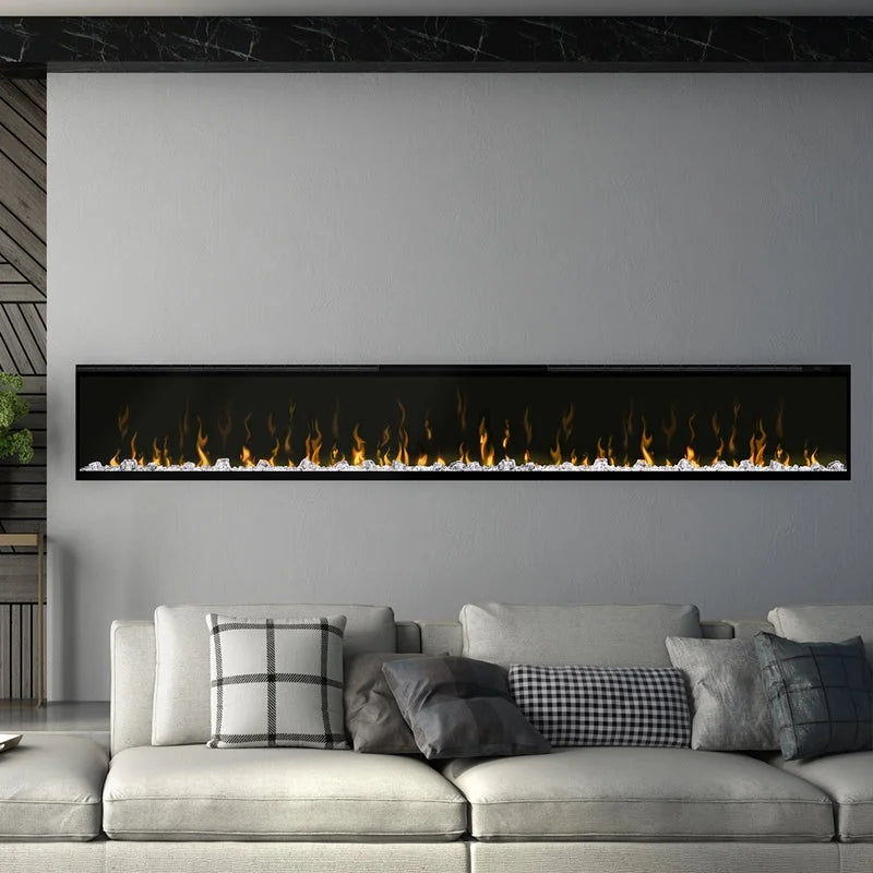 Dimplex IgniteXL Linear Recessed Electric Fireplace features lifelike flames and edge-to-edge glass for panoramic view.