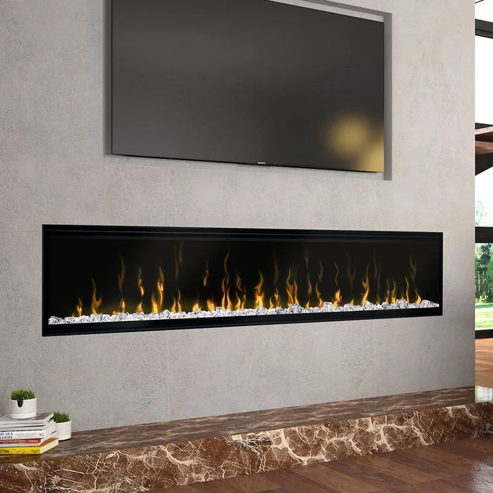 Dimplex IgniteXL Linear Recessed Built-in Electric Fireplace features edge-to-edge glass for panoramic views of realistic flames and patented flame technology in sleek designs.