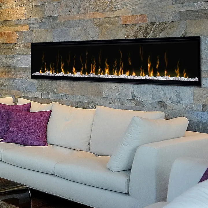 Dimplex IgniteXL Linear Recessed Electric Fireplace with realistic flame technology, edge-to-edge glass for panoramic views, and 11% energy-efficient Comfort$aver Heating System.