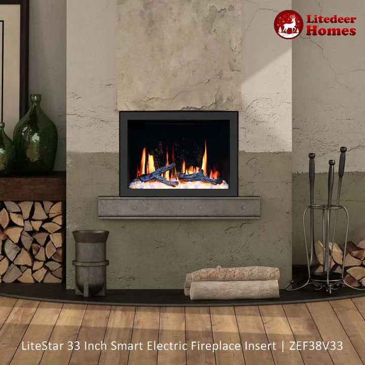 LiteStar 33" Smart Electric Fireplace Insert with App Crackling Sounds: A 33-inch WiFi-enabled electric fireplace with real flame crackling sounds and sparkles, adjustable heat settings, and smart control via app.