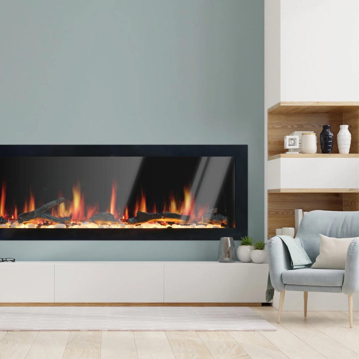 Litedeer Latitude 48" Smart Control Electric Fireplace Wifi Enabled with Crushed Ice Rocks, 5 Diamond-like Acrylic Ember Bed and Driftwood Log Set.