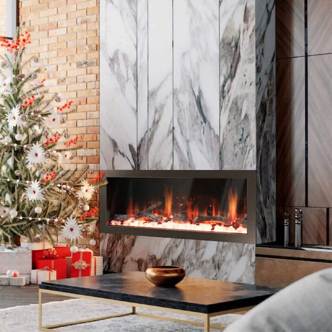 Litedeer Latitude 68" Smart Wall Mounted Electric Fireplace with App, features realistic lifelike flames, crackling sounds and adjustable colors, WiFi enabled with app control, heat settings for up to 400 sq ft, venting free and ETL certified.