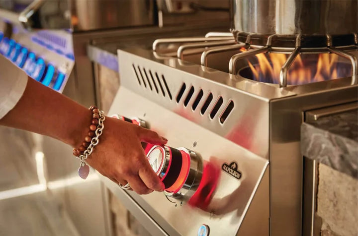Napoleon Built-in 700 Series Power Burner features 60,000 BTU two-stage heat control with stainless steel cover, ideal for large pots and seafood boils.