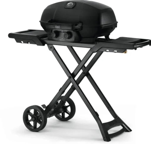 Napoleon Phantom TravelQ PRO 285 Portable Gas Grill with Scissor Cart: premium matte black portable grill with high-top lid, two stainless steel burners, and removable warming rack, featuring innovative scissor cart for effortless transport and compact storage.