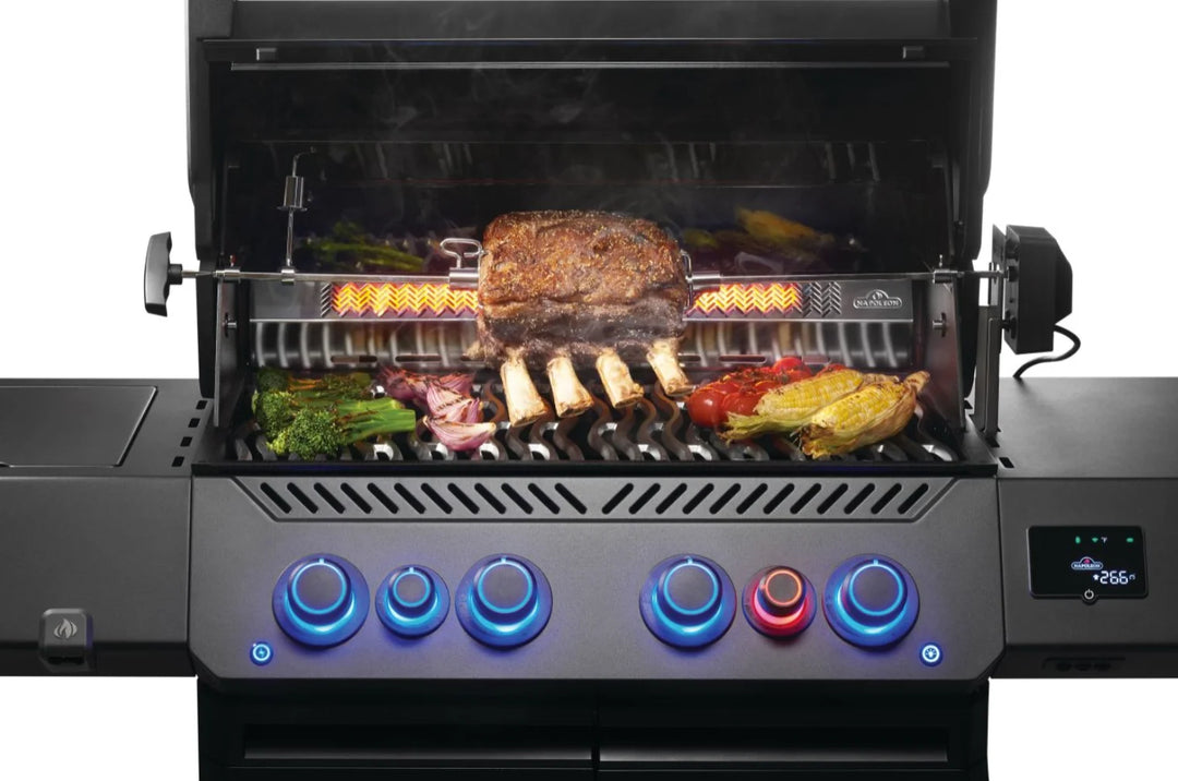 Napoleon Phantom Prestige 500 Series RSIB Gas Grill, sleek matte black finish, cast stainless steel cooking grids, Wi-Fi and Bluetooth connectivity, large infrared rear rotisserie burner, SIZZLE ZONE side burner, multifunctional warming rack.