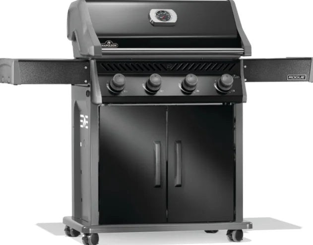 Napoleon Rogue 525 premium gas grill in sleek black features four stainless steel burners and 525 sq. in. primary cooking surface, ideal for large gatherings.