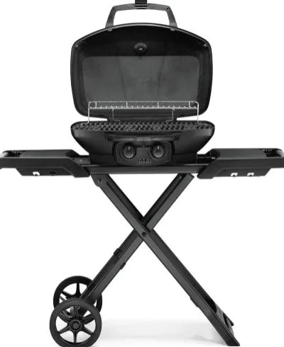 Napoleon Phantom TravelQ PRO 285 Portable Gas Grill with Scissor Cart: sleek matte black finish, two stainless steel burners, removable warming rack, high-top lid for versatile cooking.