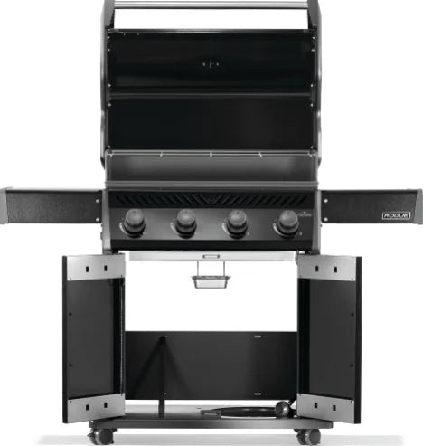 Napoleon Rogue 525 Premium Gas Grill in Sleek Black, featuring four stainless steel burners, 48,000 BTUs, porcelainized cast iron WAVE cooking grids, and dual-level sear plates for enhanced flavor and heat distribution.