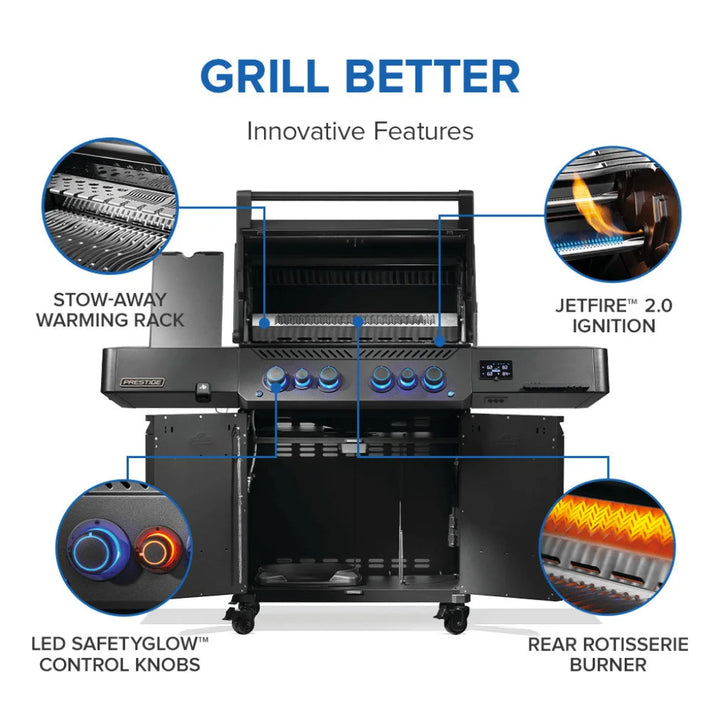 Napoleon Phantom Prestige 500 Series RSIB Gas Grill features sleek matte black finish, Wi-Fi, Bluetooth connectivity, and smart technology for effortless grilling and elevated style.