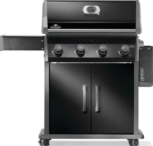 Napoleon Rogue 525 premium gas grill in sleek black features porcelainized cast iron WAVE cooking grids, four stainless steel main burners, and durable black finish resisting fingerprints.