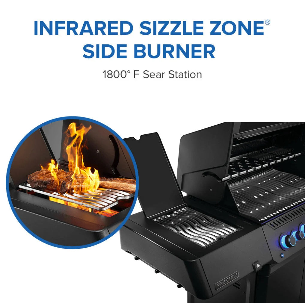 Napoleon Phantom Prestige 500 Series RSIB Gas Grill: sleek matte black grill with Wi-Fi and Bluetooth connectivity, large infrared rear rotisserie burner, cast stainless steel cooking grids, integrated LCD display, and smart temperature control features.