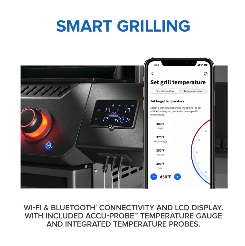 Napoleon Phantom Prestige 500 Series RSIB Gas Grill - Sleek matte black finish gas grill with Wi-Fi, Bluetooth connectivity, integrated LCD display, temperature probes, and infrared rear rotisserie burner for high-performance grilling and elevated style.