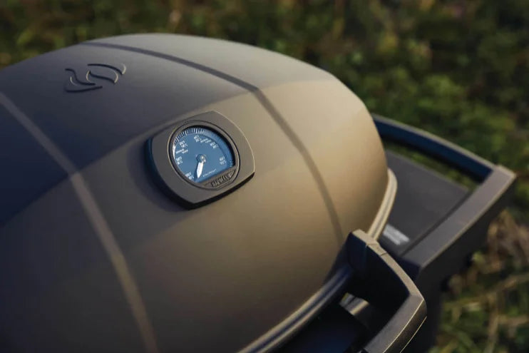 Napoleon Phantom TravelQ PRO 285 Portable Gas Grill with Scissor Cart featuring high-top lid, two stainless steel burners, and sleek matte black finish for versatile grilling and luxurious tailgating.